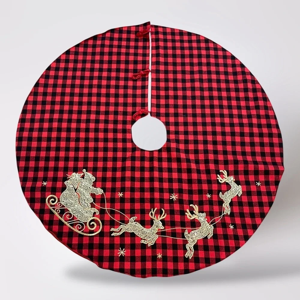 Jingles Joy Red Black Buffalo Plaid‎ Christmas Tree Skirt Santa Sleigh Reindeer